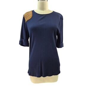 NWT LRL Lauren Ralph Lauren Ribbed Navy Blue Top Elbow Sleeves Sz XL